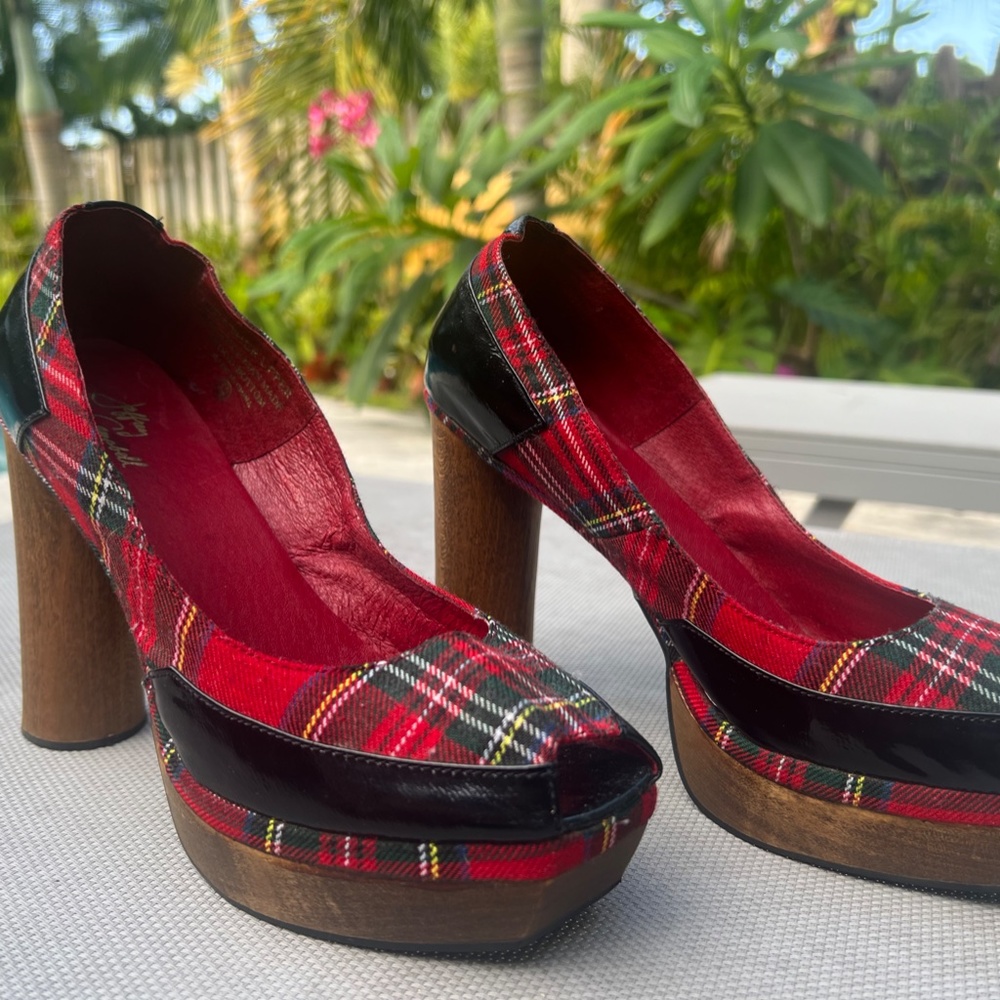 Jeffery Campbell sz 9 leather plaid and wood